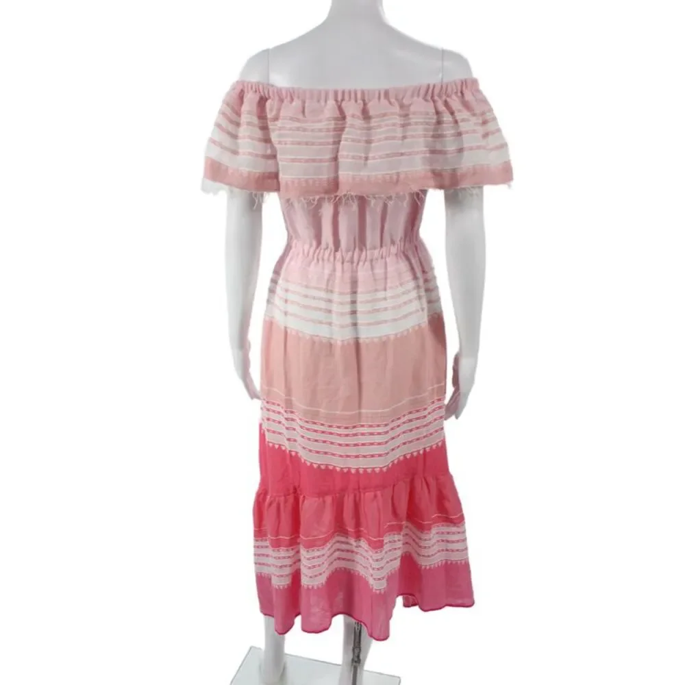 Lemlem Womens Pink Striped Off Shoulder Maxi Dress Cotton Short Sleeve Size XS